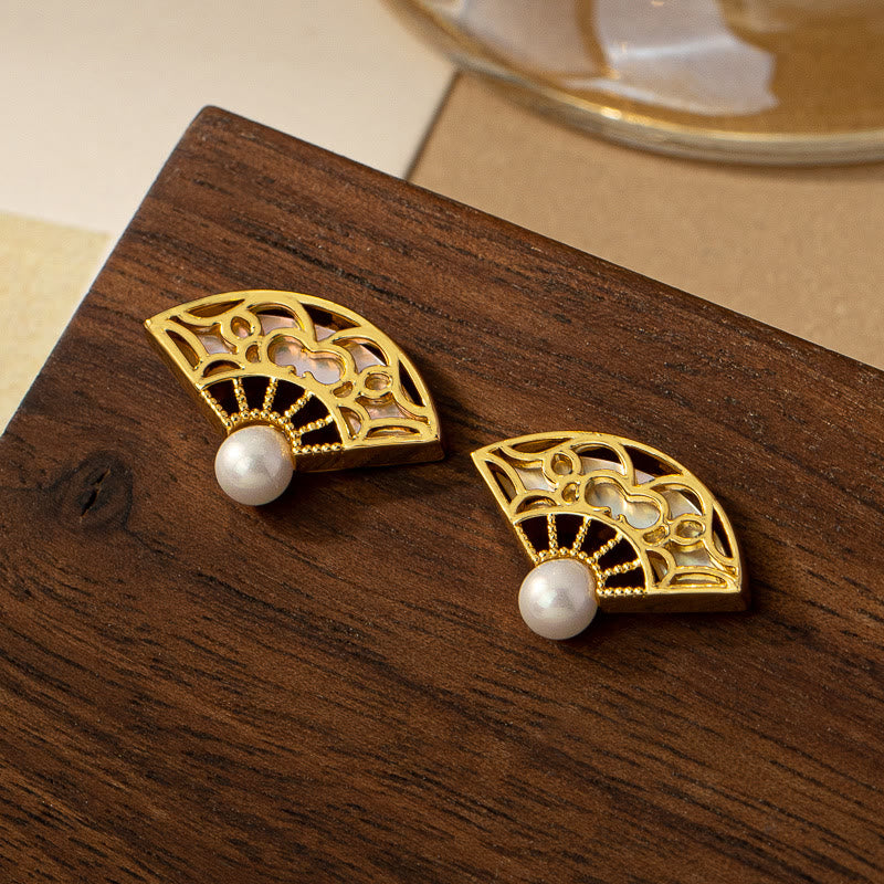 925 Sterling Silver Posts Fan Pattern Pearl Copper Wisdom Stud Drop Earrings