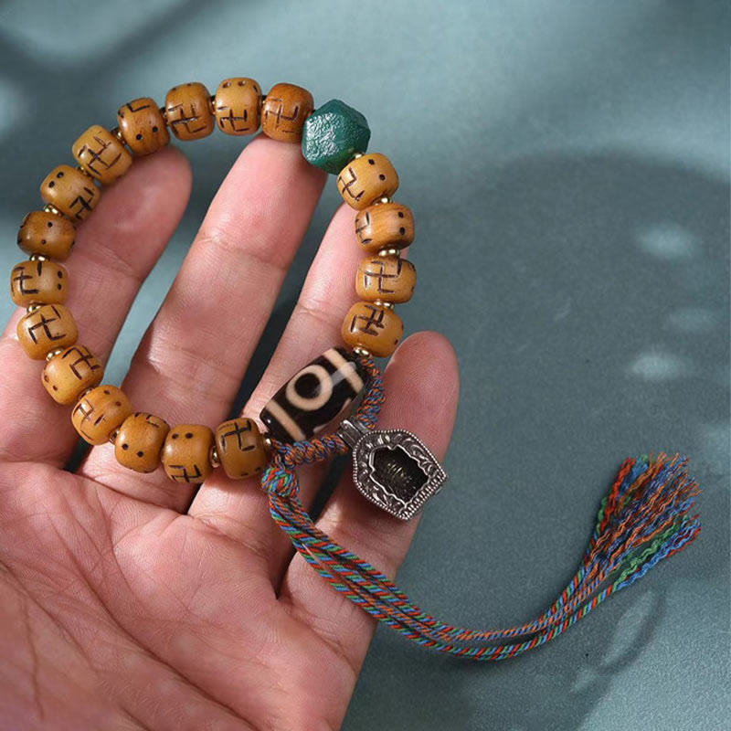 Natural Tibetan Camel Bone Swastika Dzi Bead Shankha Buddha Charm Kirtimukha Luck Protection Tassel Bracelet - Image 3