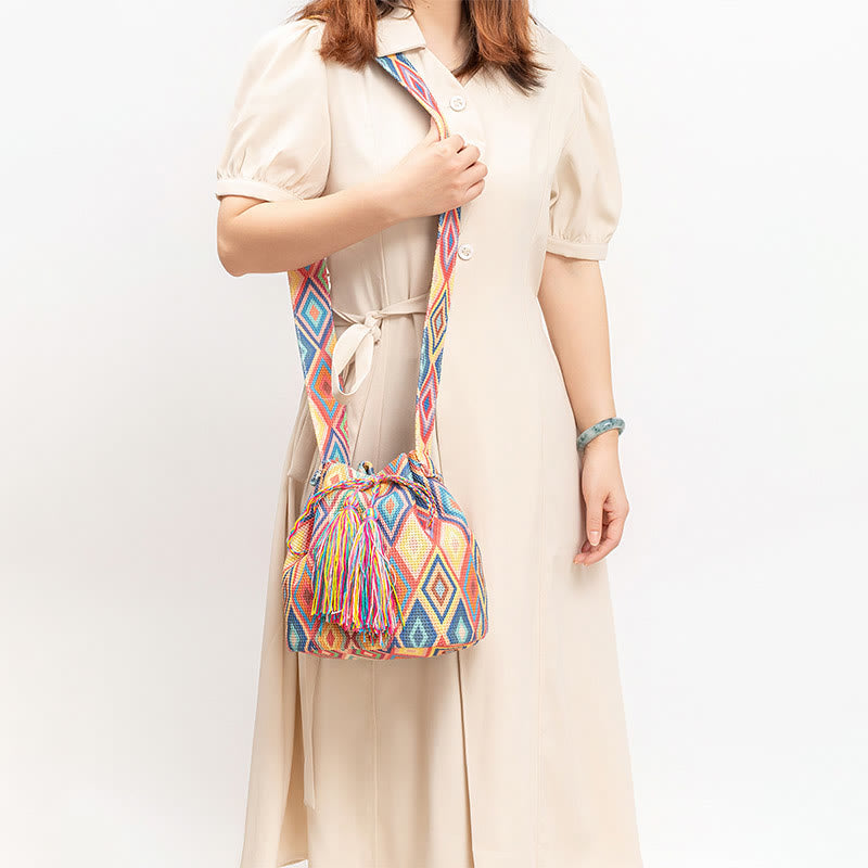 Colorful Geometry Flowers Print Canvas Bucket Crossbody Bag Shoulder Bag - Image 11