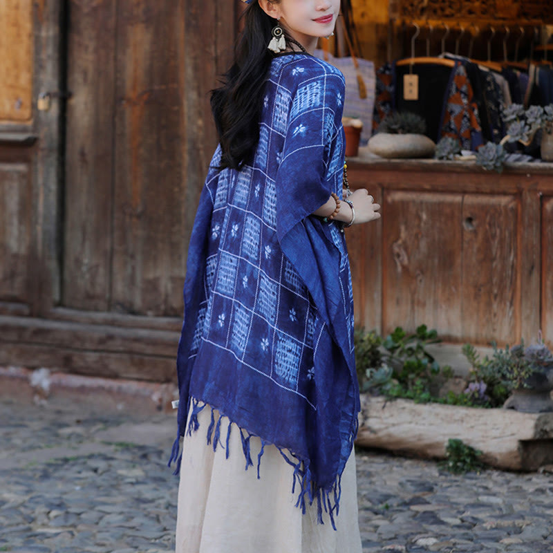 Blue Color Block Plaid Shawl Tassels Soft Pullover 90*95cm - Image 4