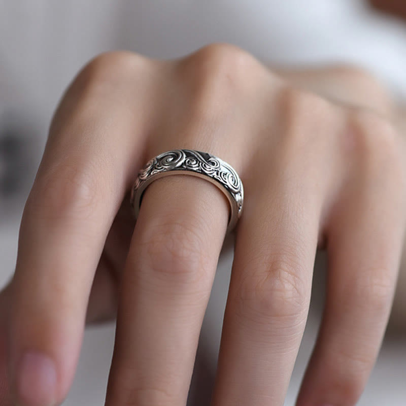 999 Sterling Silver Auspicious Clouds Engraved Blessing Adjustable Ring - Image 11