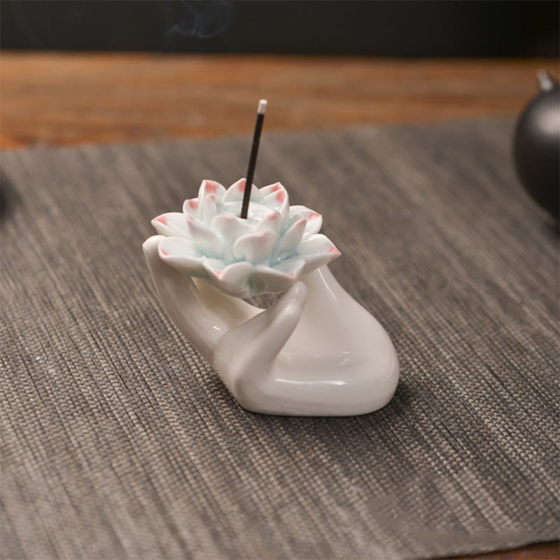Small Ceramic Lotus Hand Healing Meditation Incense Burner Decoration