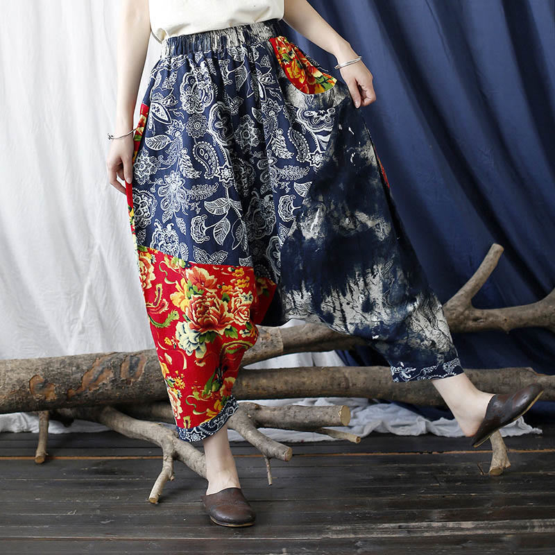 Blue Red Peony Flowers Patchwork Cotton Linen Harem Pants With Pockets