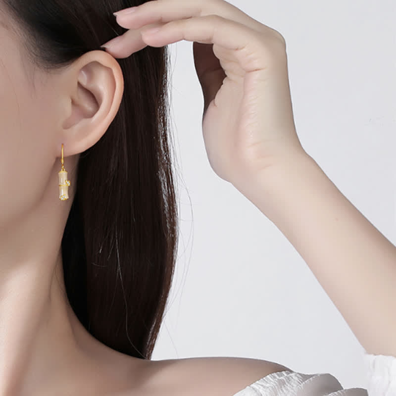 925 Sterling Silver Hetian Jade Chrysoberyl Cat Eye Red Agate Bamboo Luck Drop Earrings - Image 4