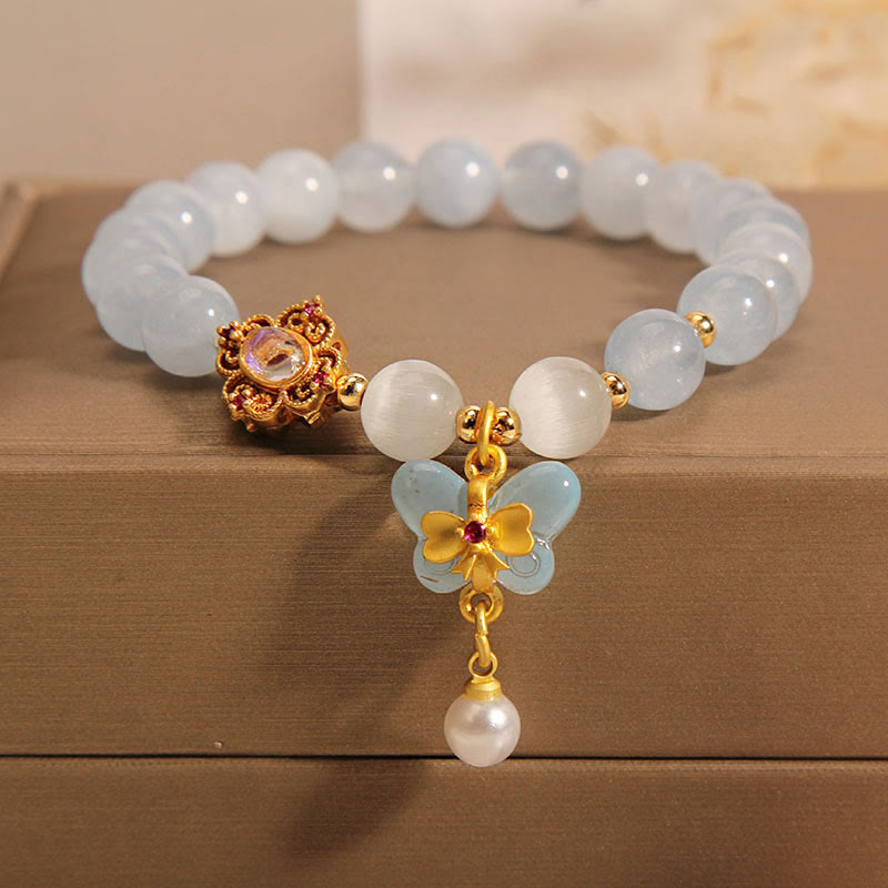 Aquamarine Cat's Eye Healing Butterfly Pearl Charm Bracelet