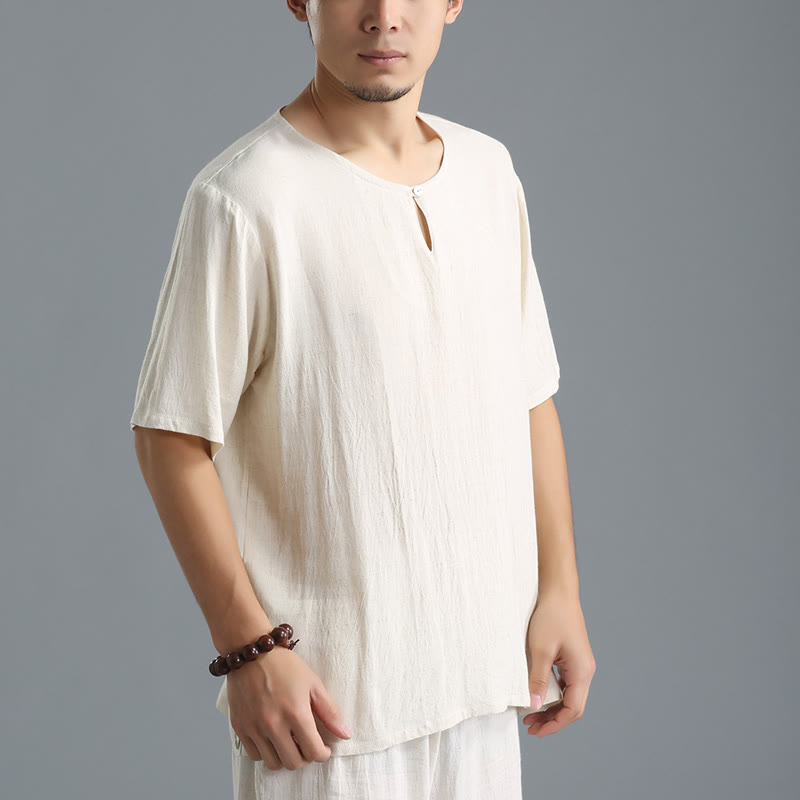 Men's Solid Color Round Neck Short Sleeve Cotton Linen Shirt - Image 15