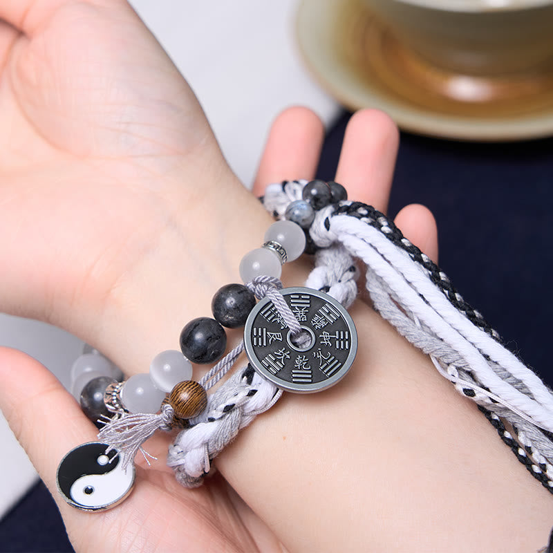 Black Glitter Stone Cat's Eye Yin Yang Mountain Ghosts Spend Money Power Double Layer Rope Bracelet - Image 6