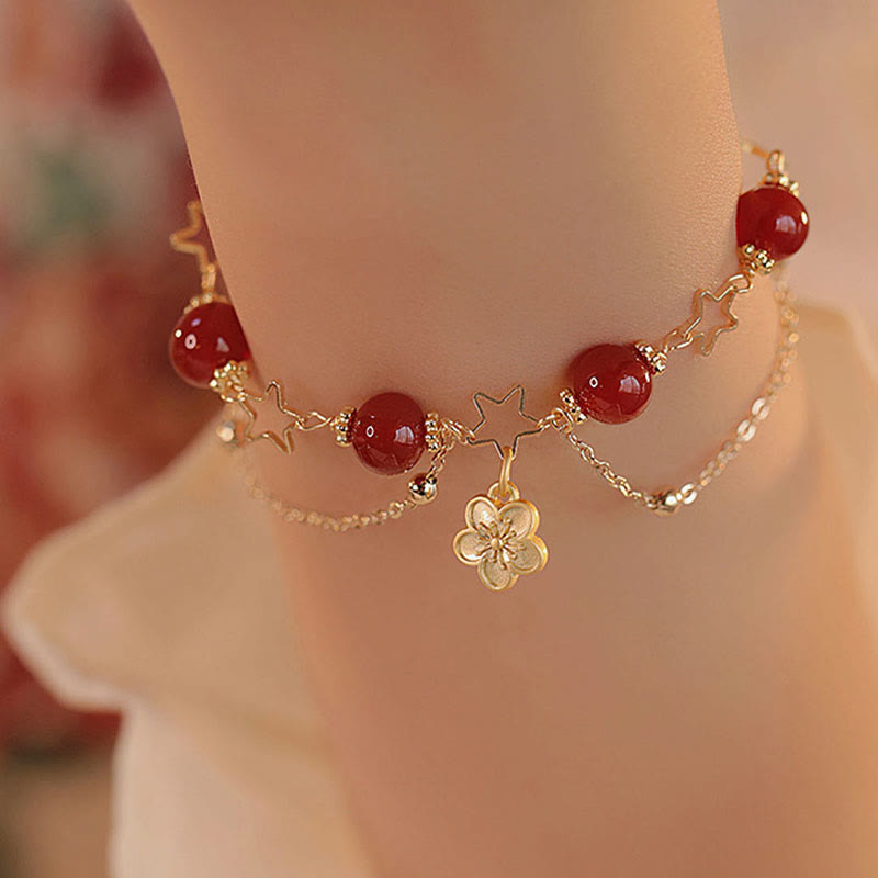 14k Gold Plated Red Agate Star Flower Charm Calm Bracelet - Image 8