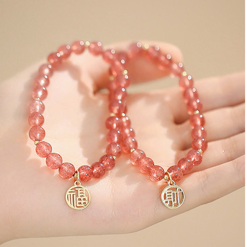14K Gold Plated Strawberry Quartz Fu Character Healing Charm Bracelet - Image 10
