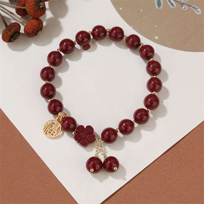 Cinnabar Fu Character Cherry Blossom Blessing Bracelet - Image 7