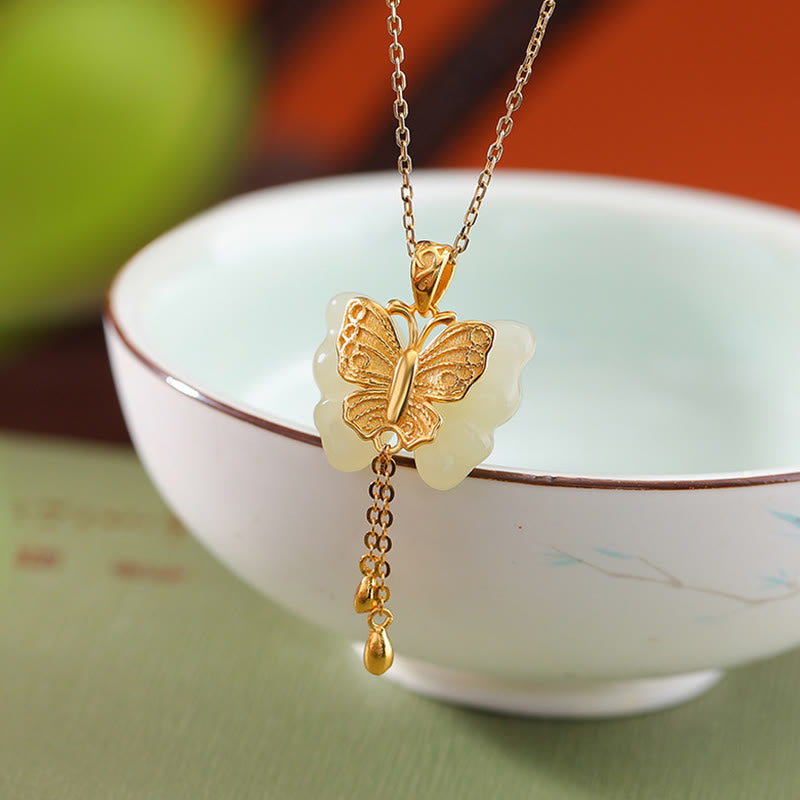 925 Sterling Silver Plated Gold Hetian White Jade Butterfly Blessing Necklace Pendant - Image 3