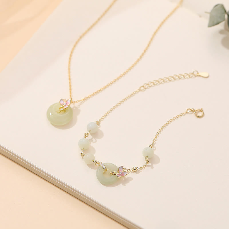 925 Sterling Silver Natural Hetian Jade Peace Buckle Orchid Luck Bracelet Necklace Pendant Set