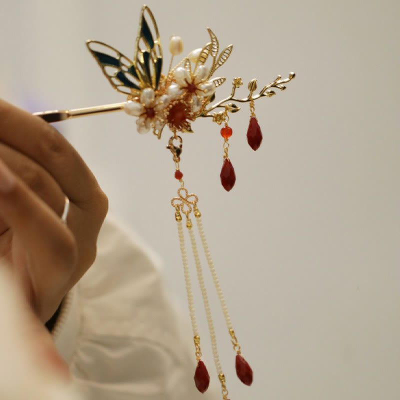 Classical Chinese Style Flower Branche Butterfly Pearl Tassel Hair Clip Hair Comb Hair Crown - Image 4