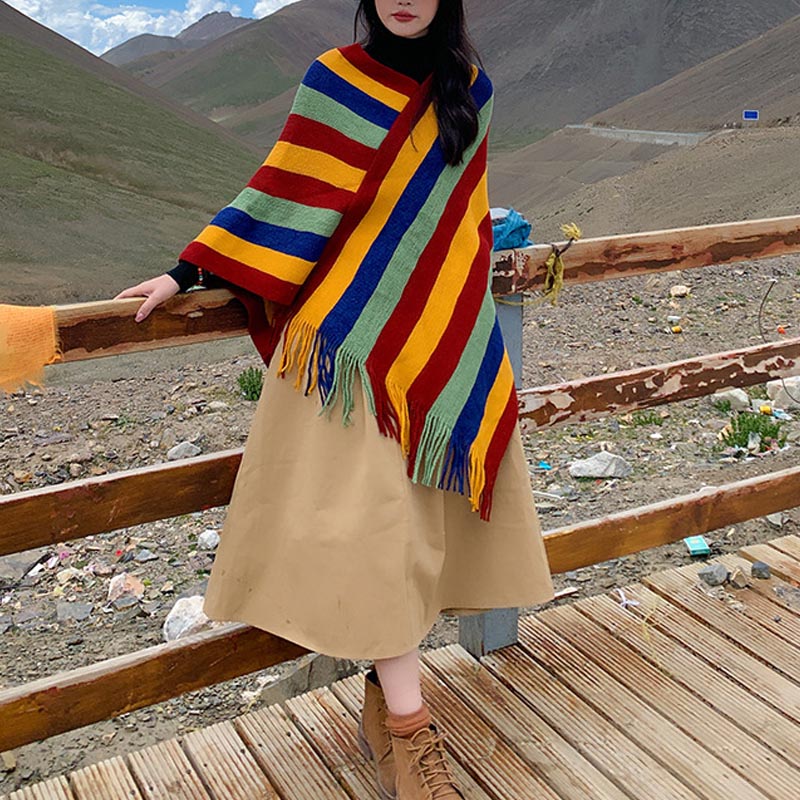 Tibetan Colorful Striped Design Shawl Tassels Pullover Winter Cozy Travel Scarf Wrap - Image 12