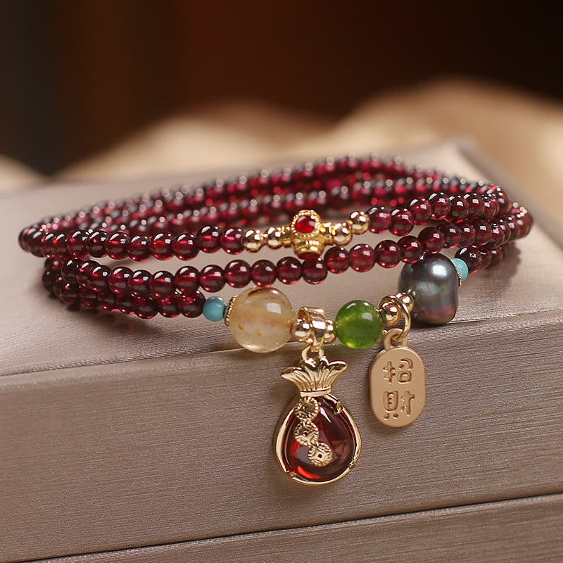 Multi Layered Natural Garnet Jade Coin Money Bag Attracting Wealth Protection Bracelet