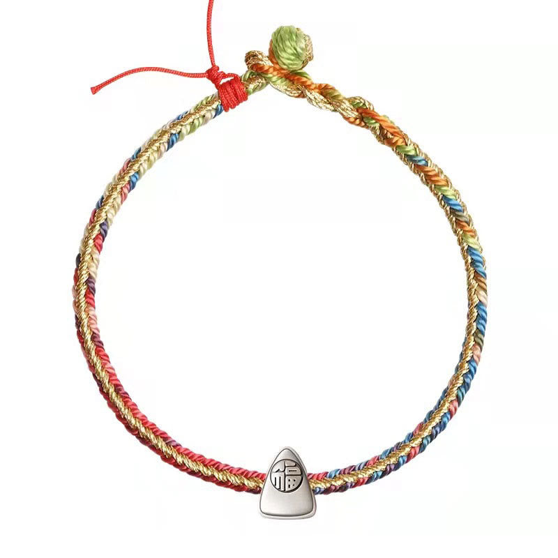 925 Sterling Silver Fu Character Zongzi Pattern Multicolored String Luck Handmade Braided Bracelet - Image 12