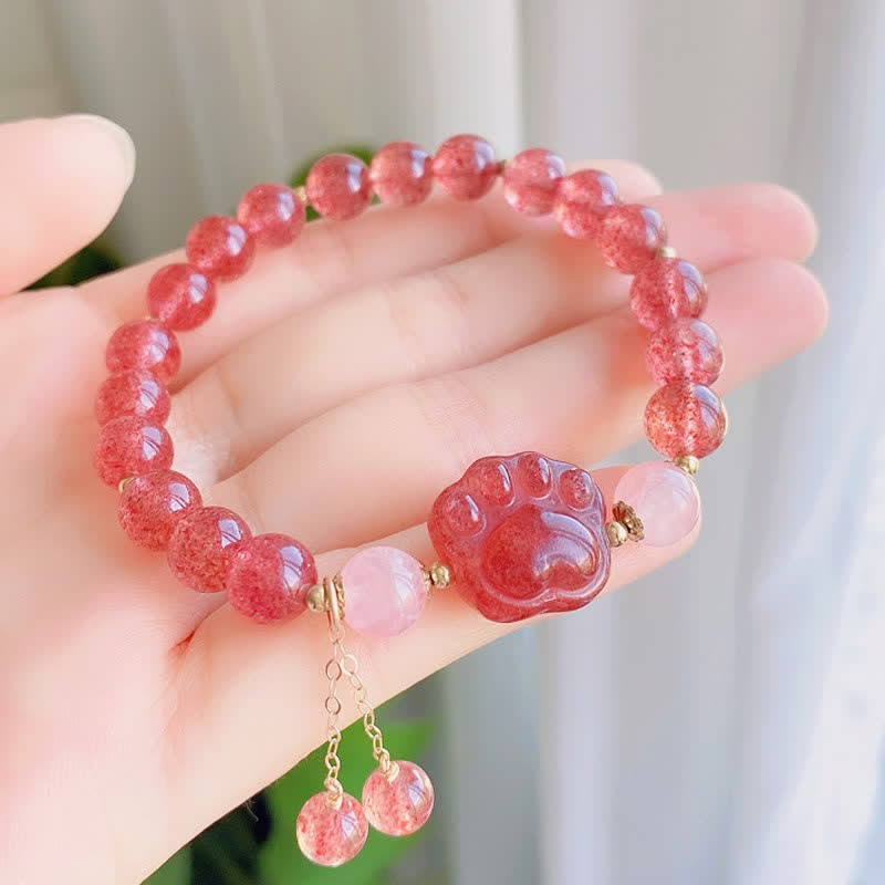 Natural Strawberry Quartz Pink Crystal Lucky Cat Paw Love Bracelet - Image 4
