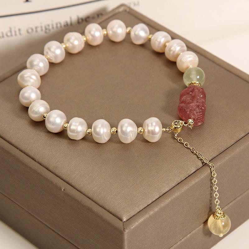 Natural Pearl Strawberry Quartz PiXiu Optimism Charm Bracelet - Image 3