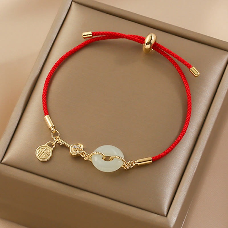 18K Gold Plated Hetian Jade Peace Buckle Fu Character Luck Red Rope Bracelet - Image 5