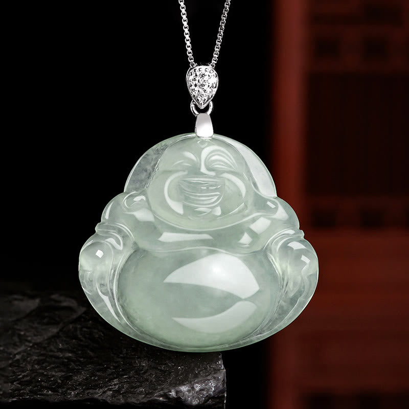 925 Sterling Silver Natural Jade Laughing Buddha Prosperity Abundance Chain Necklace Pendant