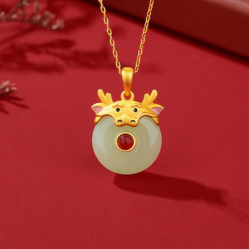 925 Sterling Silver Hetian Jade Chinese Zodiac Year of the Dragon Red Agate Luck Protection Necklace Pendant