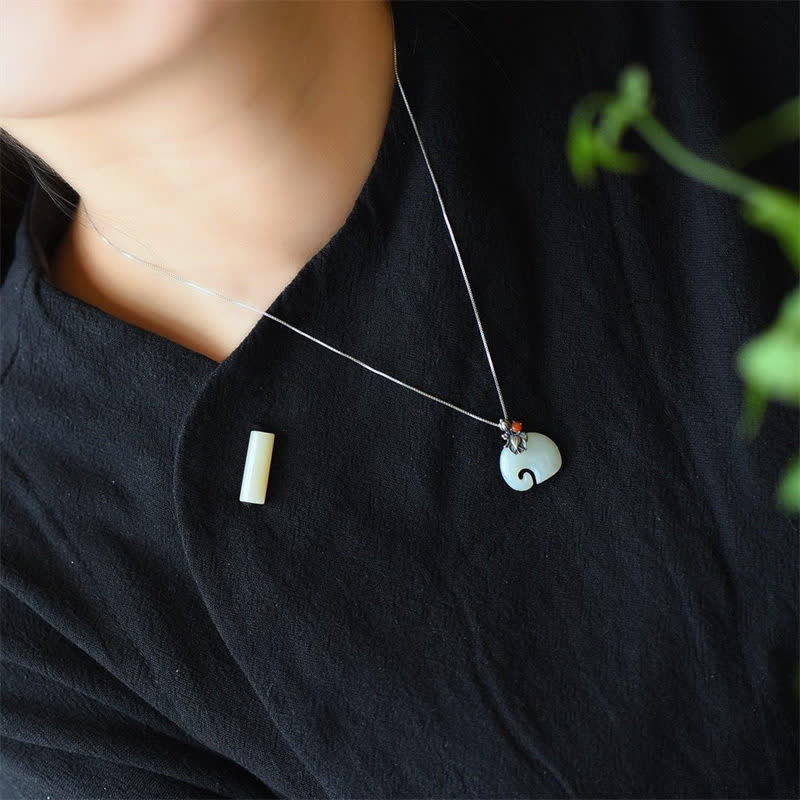 White Jade Elephant Lotus Protection Necklace Pendant - Image 3