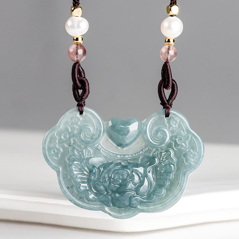 Natural Jade Peony Flower Lock of Good Wishes Prosperity Necklace Pendant - Image 8