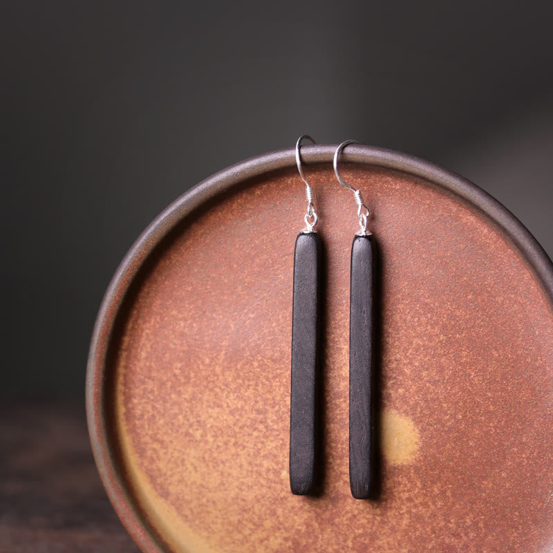 925 Sterling Silver Ebony Wood Texture Balance Peace Drop Dangle Earrings
