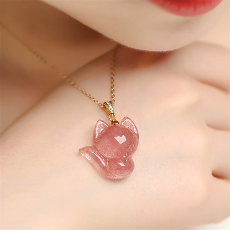 925 Sterling Silver Plated 14k Gold Strawberry Quartz Fox Healing Necklace Pendant - Image 4
