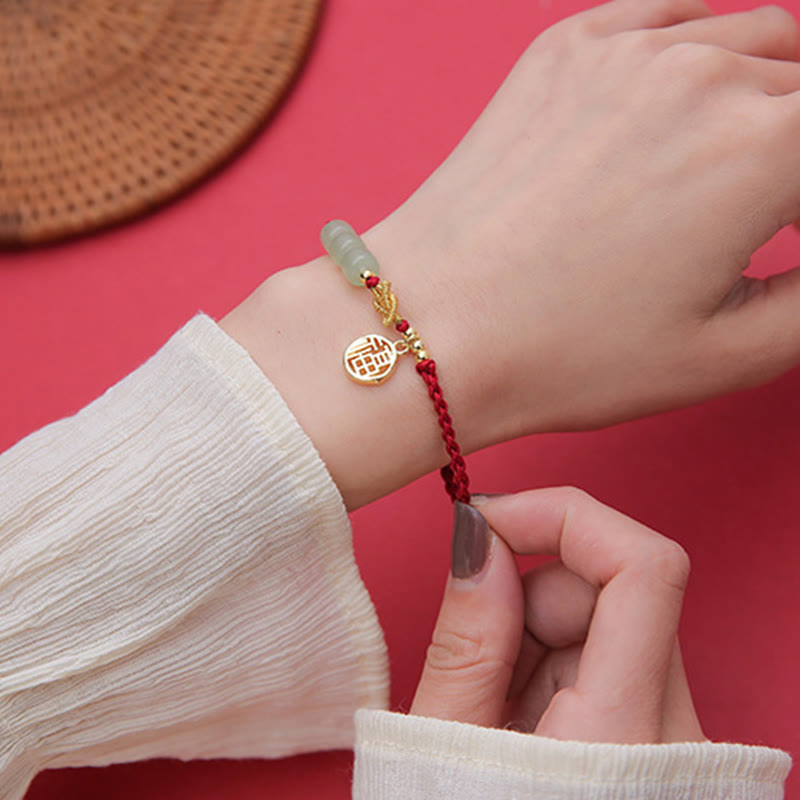Handcrafted Jade Bead Fu Character Charm Luck Red Rope Bracelet - Image 15