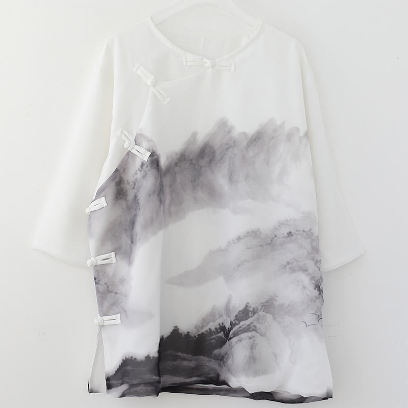 Men's Frog-Button Mountain Landscape Ink Painting Half Sleeve Shirt - Image 8