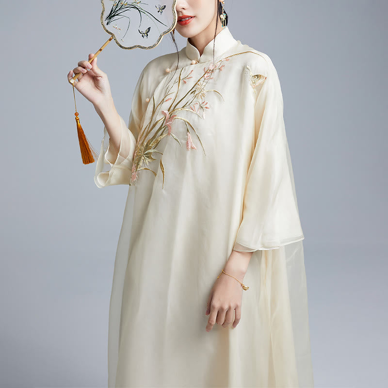 100% Mulberry Silk 6 Momme Dress Vintage Flower Butterfly Embroidery Qipao Dress Women's Cheongsam Dress - Image 5