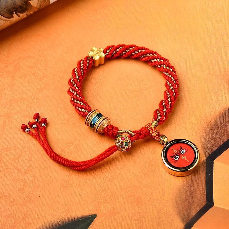 Tibet Handmade Five God Of Wealth Luck Thangka Amulet Prayer Wheel Flower Charm Weave String Bracelet - Image 12