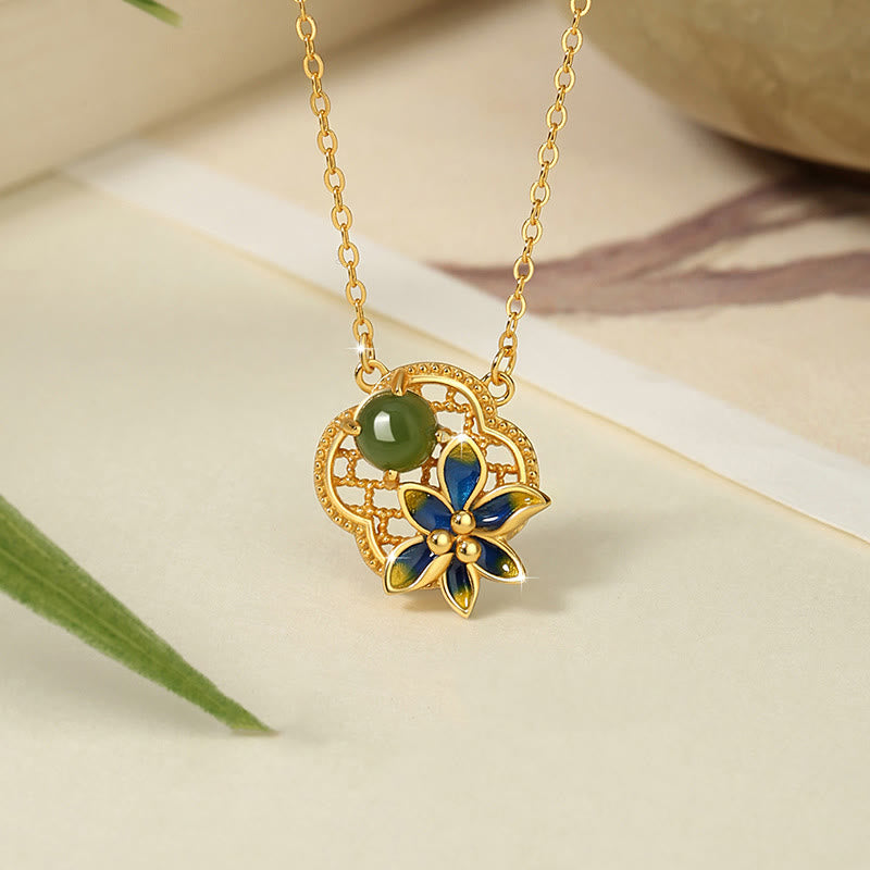 925 Sterling Silver Four Leaf Clover Flower Hetian Cyan Jade Pearl Healing Necklace Pendant Bracelet Earrings Set - Image 3