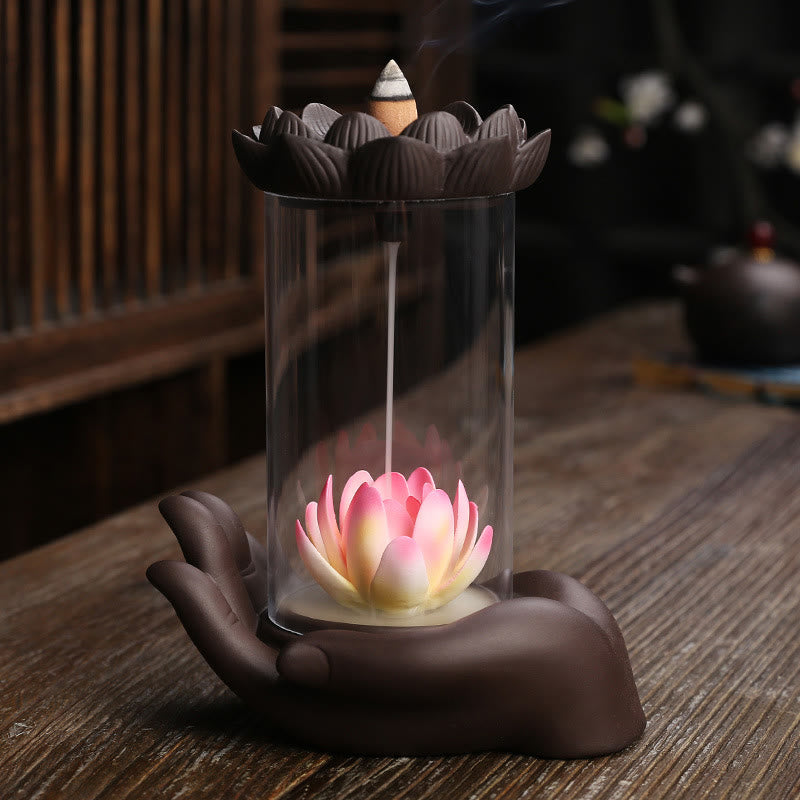 Buddha Hand Lotus Enlightenment LED Light Purple Clay Ceramic Incense Burner Decoration