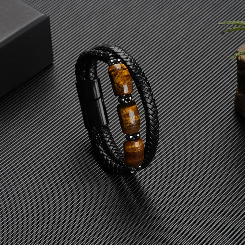 Natural Tiger Eye Protection Willpower Magnetic Buckle Leather Bracelet - Image 8