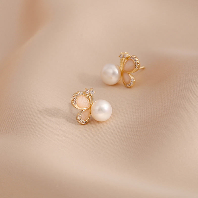 18k Gold Plated Pearl Butterfly Love Freedom Stud Earrings - Image 9