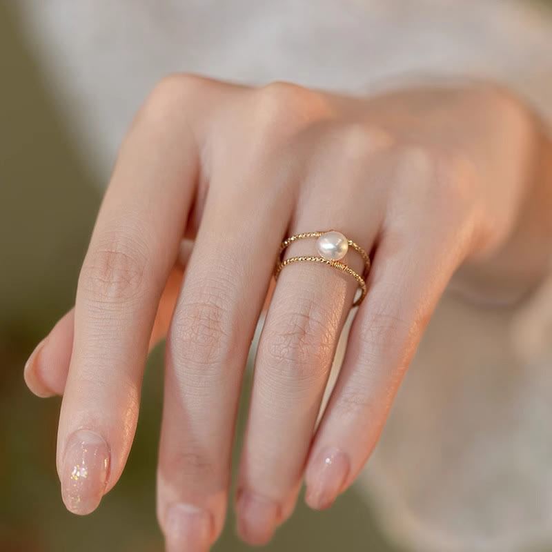 Round Jade Pearl Bead Double Layer Copper Luck Adjustable Ring - Image 10