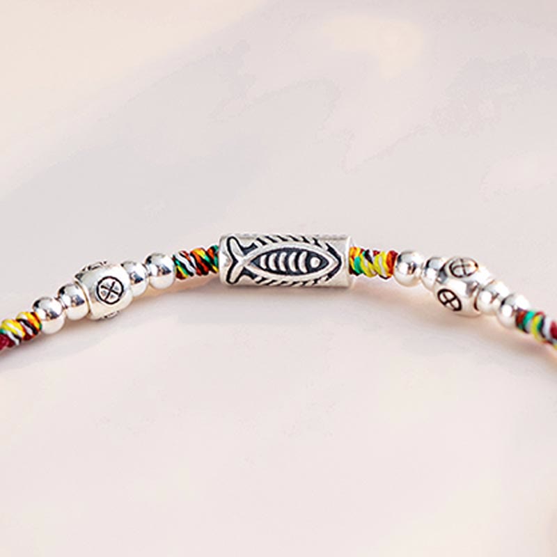 925 Sterling Silver Luck Koi Fish Braided Colorful String Bracelet Anklet - Image 5