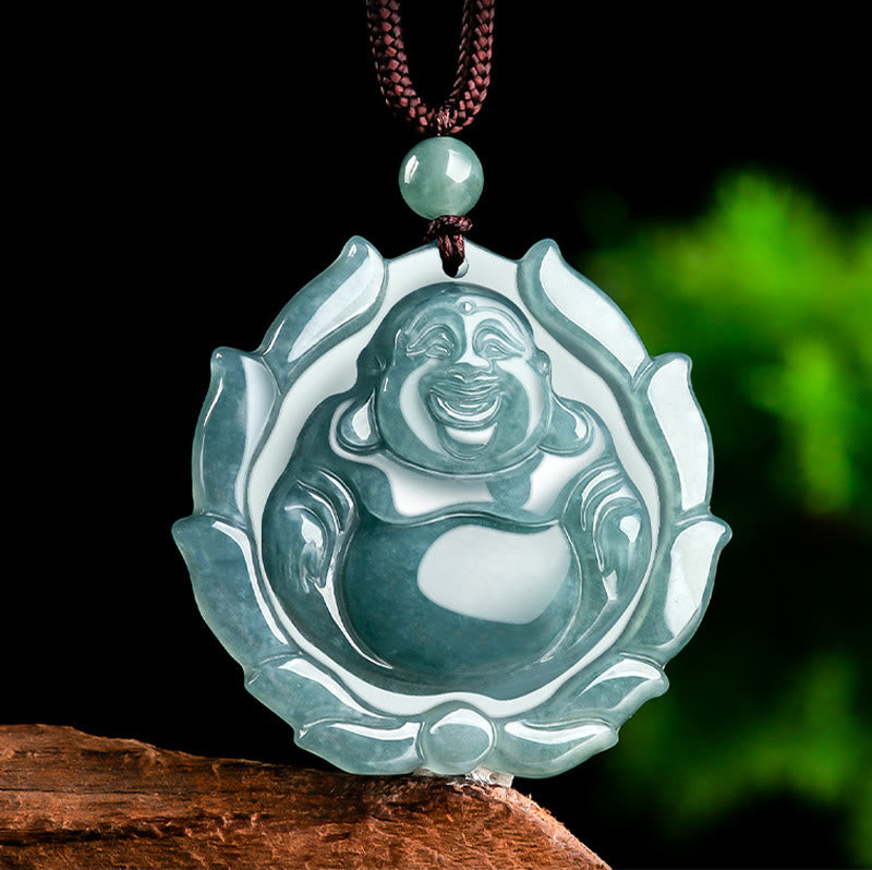 Natural Jade Laughing Buddha Lotus Pattern Luck Necklace Pendant - Image 3