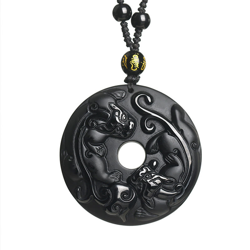 Natural Black Obsidian Peace Buckle Pixiu Bead Rope Strength Necklace Pendant - Image 7