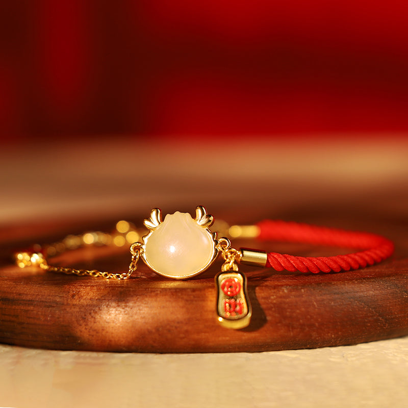 925 Sterling Silver Year Of The Dragon Hetian White Jade Chinese Steamed Bun Dragon Design Fortune Blessing Bracelet