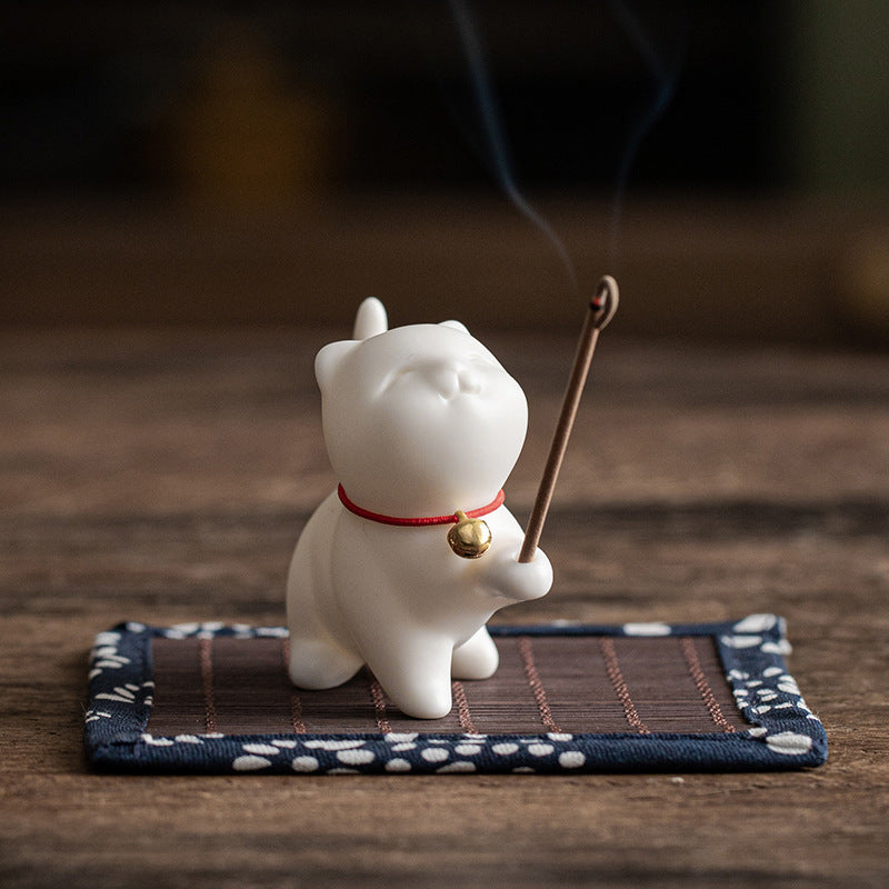 Mini Lucky Cat Kitten Tea Pet Ceramic Home Desk Figurine Decoration With Bamboo Mat - Image 3