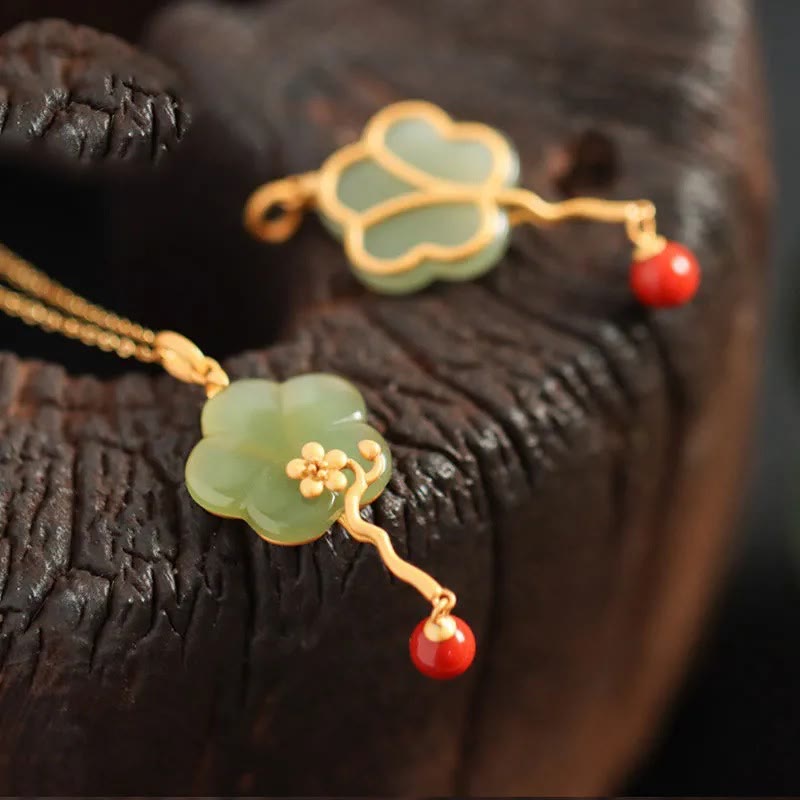 Vintage Plum Blossom Flower Jade Red Agate Prosperity Necklace Pendant - Image 4