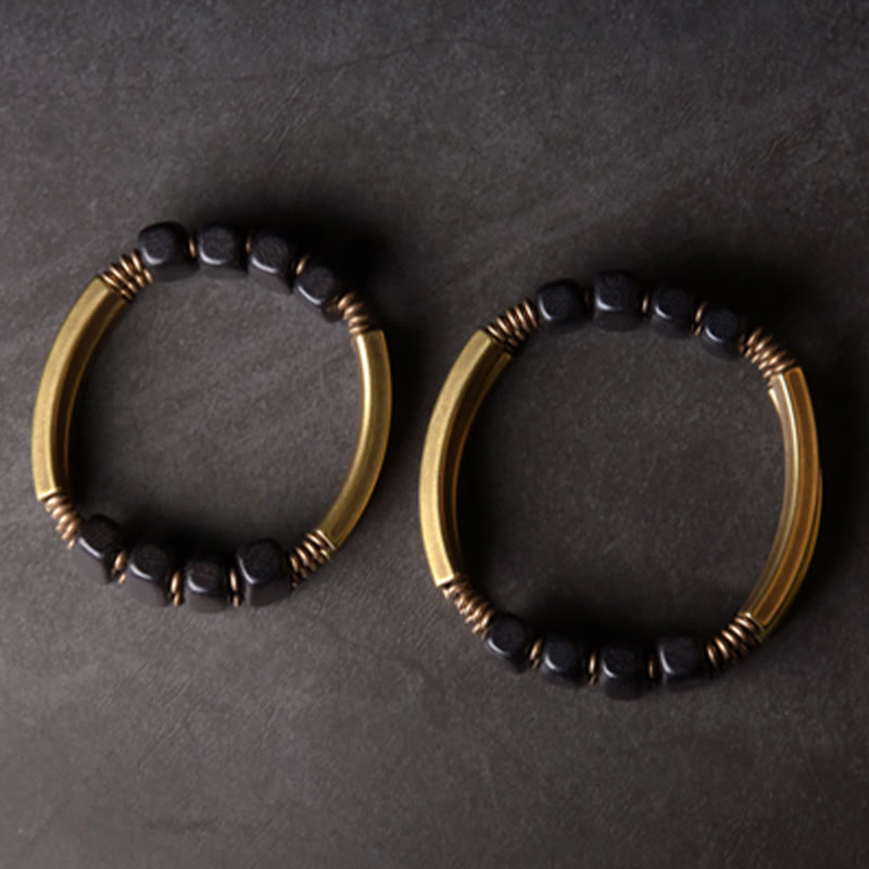 Tibetan Ebony Wood Brass Copper Balance Double Layer Bracelet - Image 12