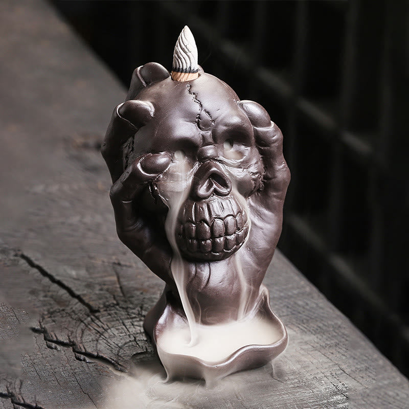 Halloween Skull With Ghost Hand Purple Clay Spiritual Incense Burner Decoration - Image 3