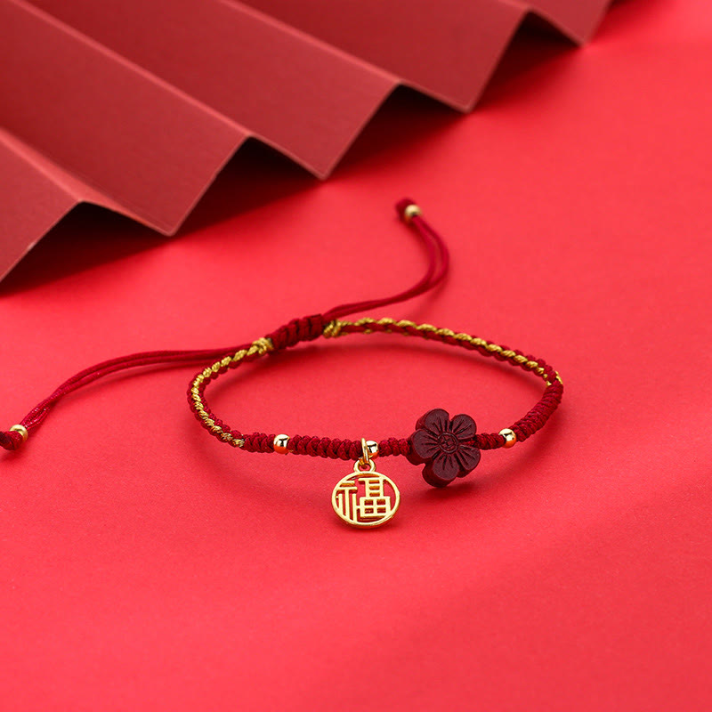 Cinnabar Flower Fu Character Blessing Braided String Bracelet - Image 5