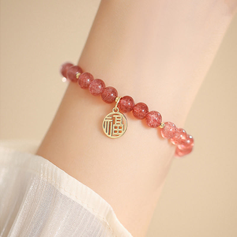 14K Gold Plated Strawberry Quartz Fu Character Healing Charm Bracelet