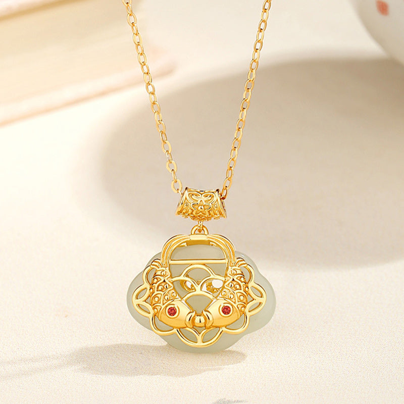 925 Sterling Silver Natural Hetian Jade Koi Fish Wealth Necklace Pendant