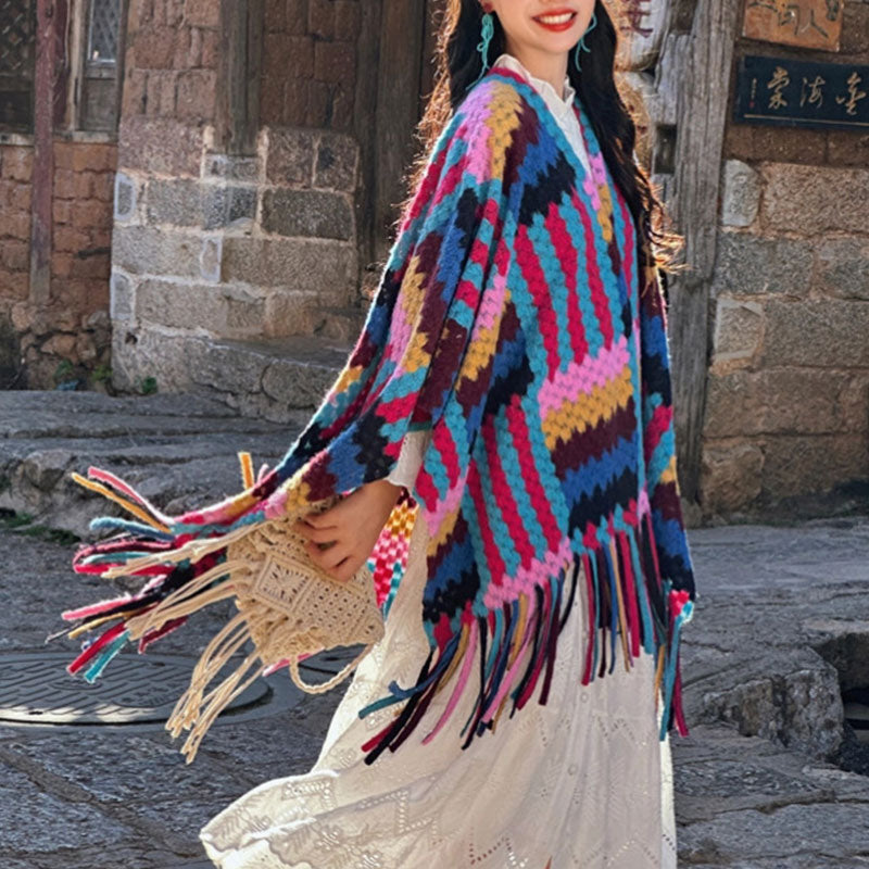 Tibetan Shawl Candy Color Braided Pattern Winter Cozy Travel Knitted Tassel Scarf Wrap - Image 3
